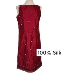 Charter Club Dress 100% Silk Embroidered And Beaded Flowers And Trim Red Size 8